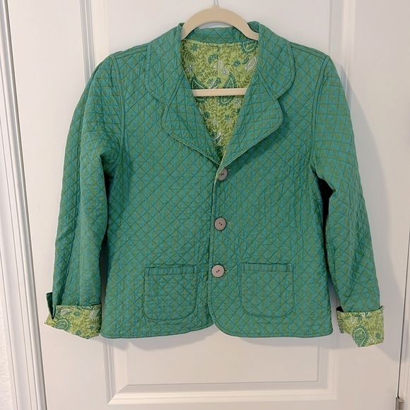 Vintage Quilted Reversible Norm Thompson Green Teal Paisley Print Cotton Jacket - Picture 13 of 16